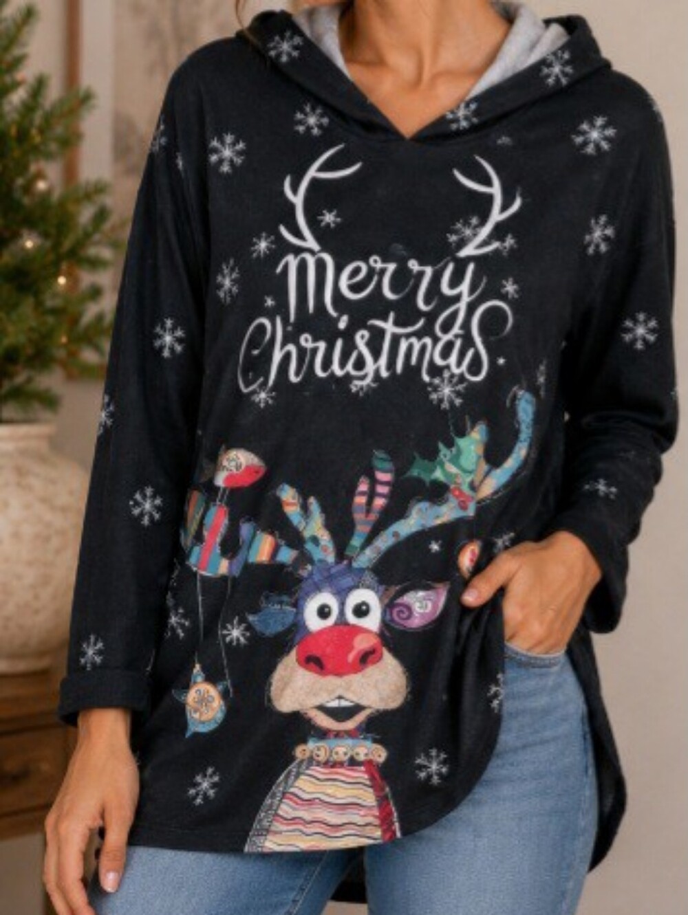 Merry Christmas Reindeer Graphic Hooded Tunic Sweatshirt